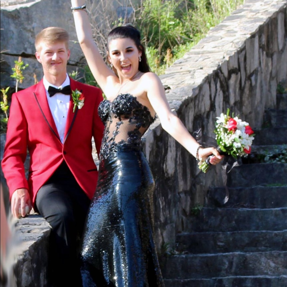 Black strapless sequin dress.